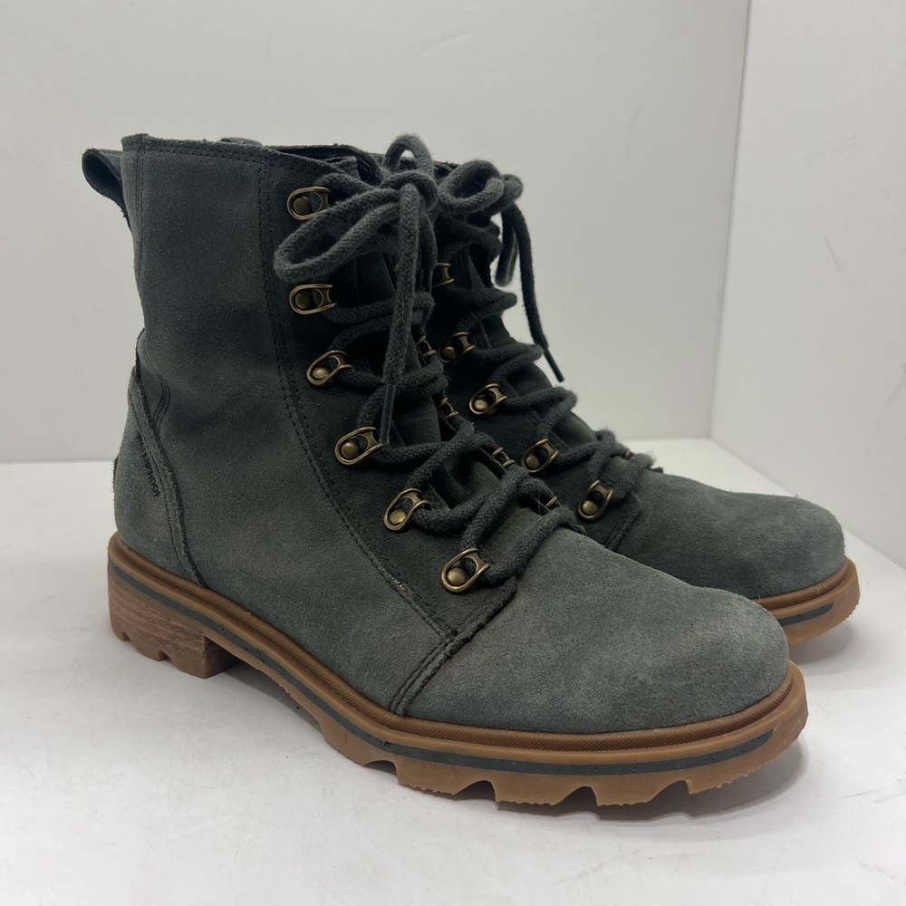Sorel Womens Lennox Boots Suede Dark Moss Lace Up